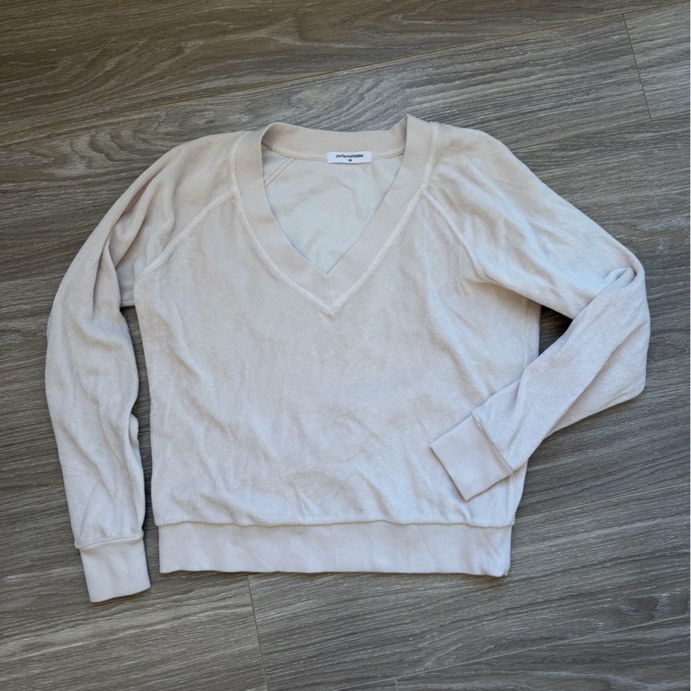 Perfectwhitetee Women’s French Terry Knit V-neck Sweater Cotton Sz XS Beige
